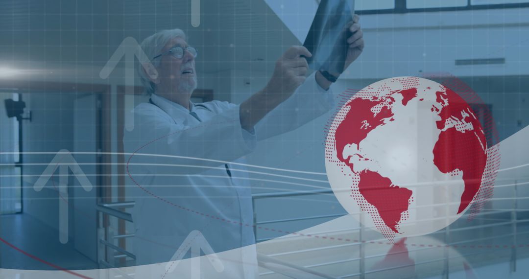 Senior Doctor Analyzing X-ray with Global Digital Interface Overlay