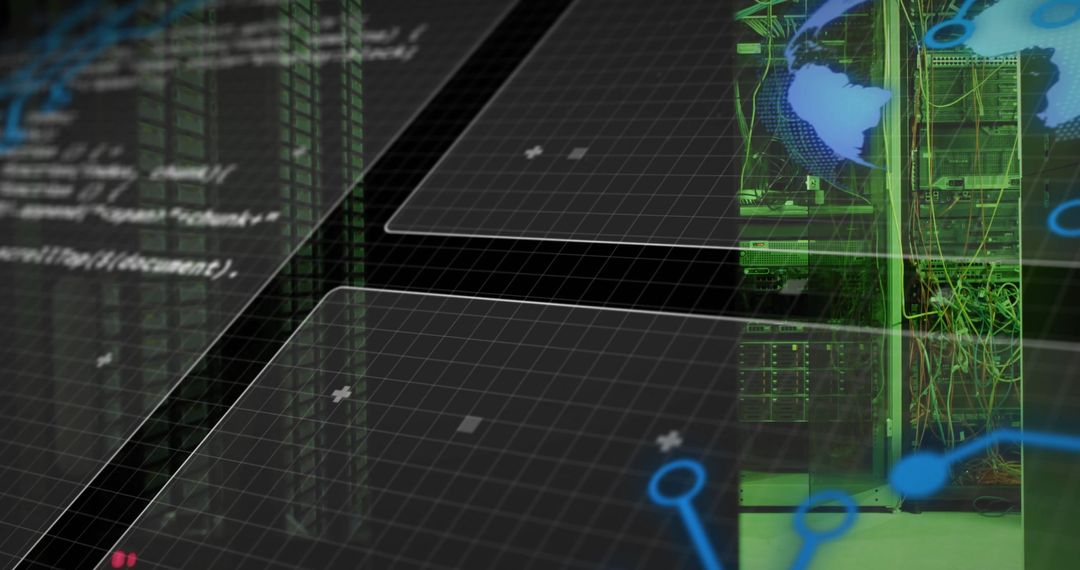 Futuristic Data Center with Server Racks and Digital Grid Overlay