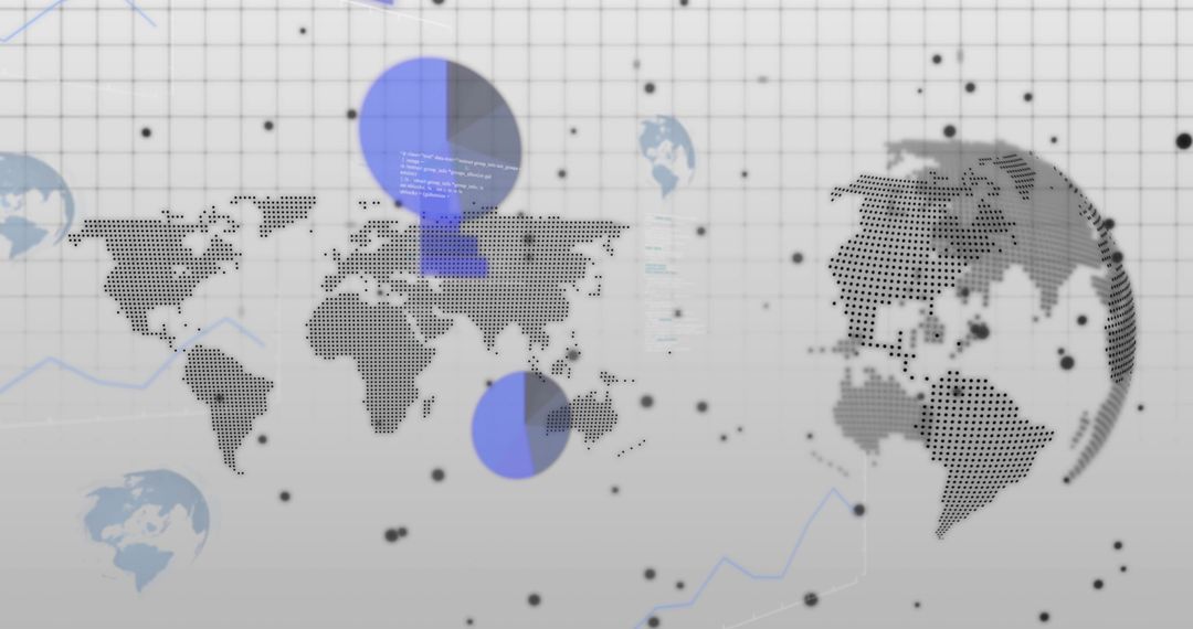 Dotted World Map and Globe Overlaying Abstract Global Data Visualization with Blue Charts