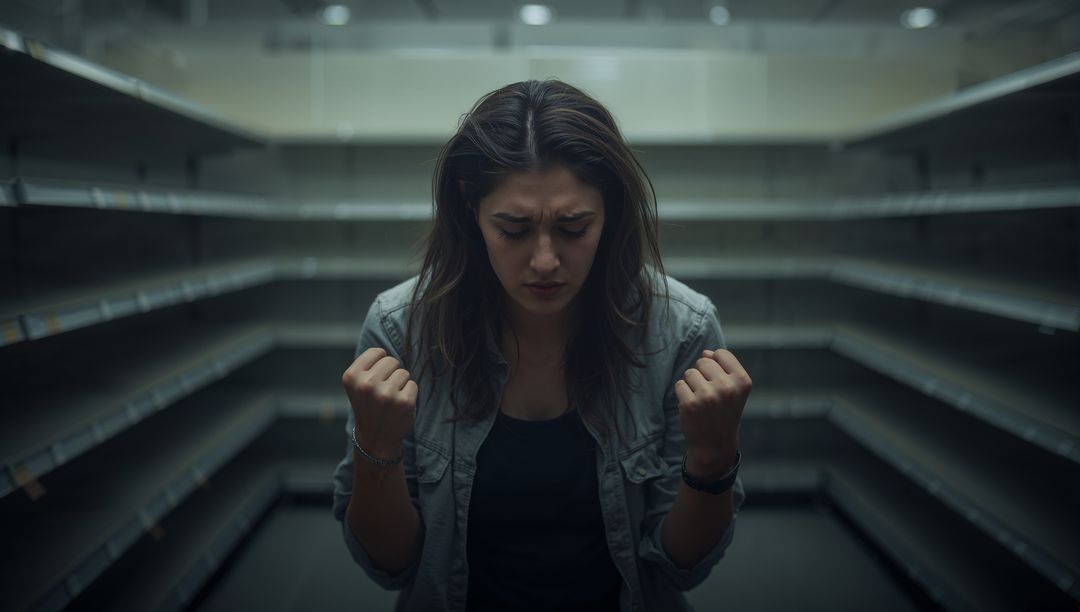 Stressed woman clenching fists in empty supermarket aisle confronting shortages and anxiety