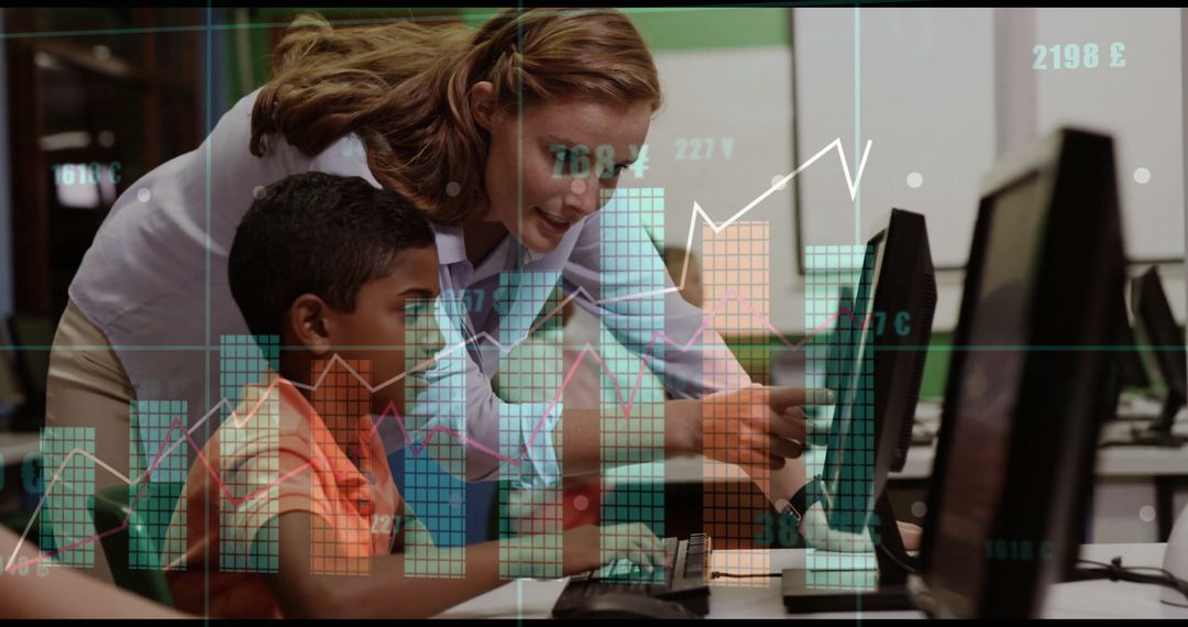 Female Instructor Guiding Student with Data Visualization Overlay