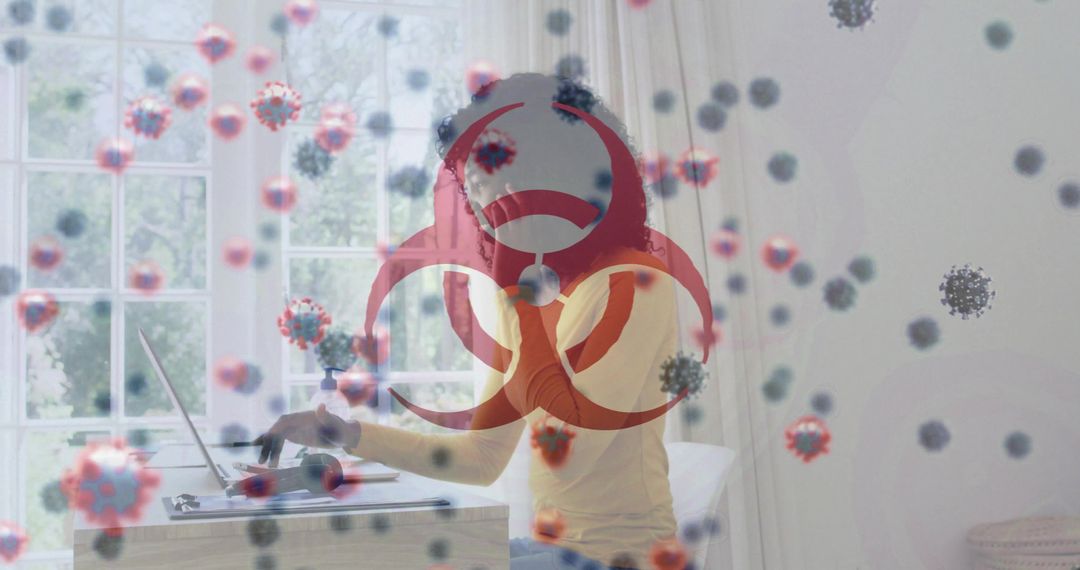 Remote Work with Biohazard Symbol and Virus Overlay