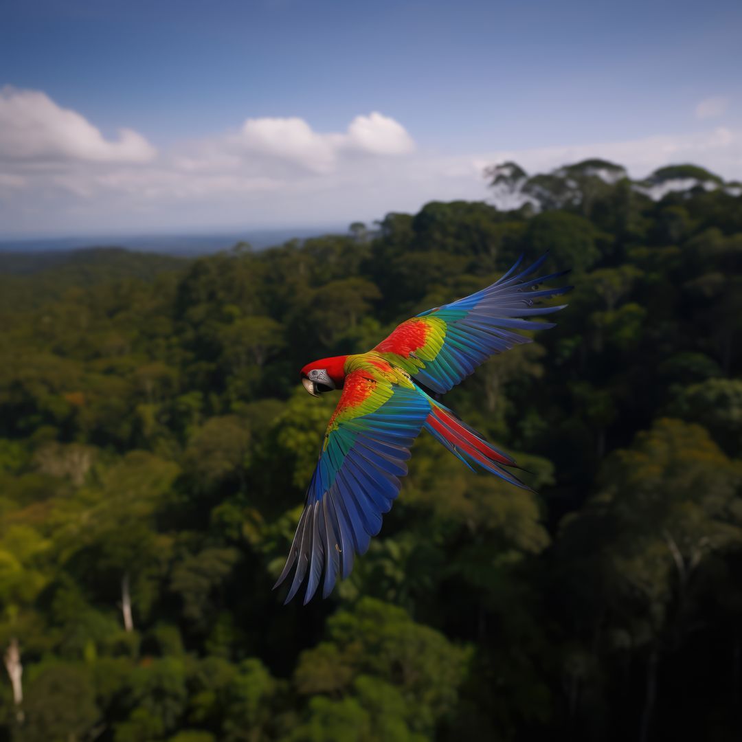 Tropical parrot flying with trees and sky background, created using generative ai technology - Free Images, Stock Photos and Pictures on Pikwizard.com