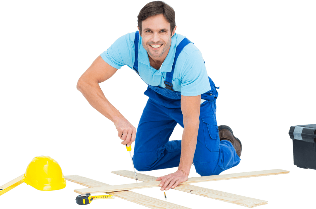 Smiling Carpenter Working with Wood Planks Isolated on Transparent Background