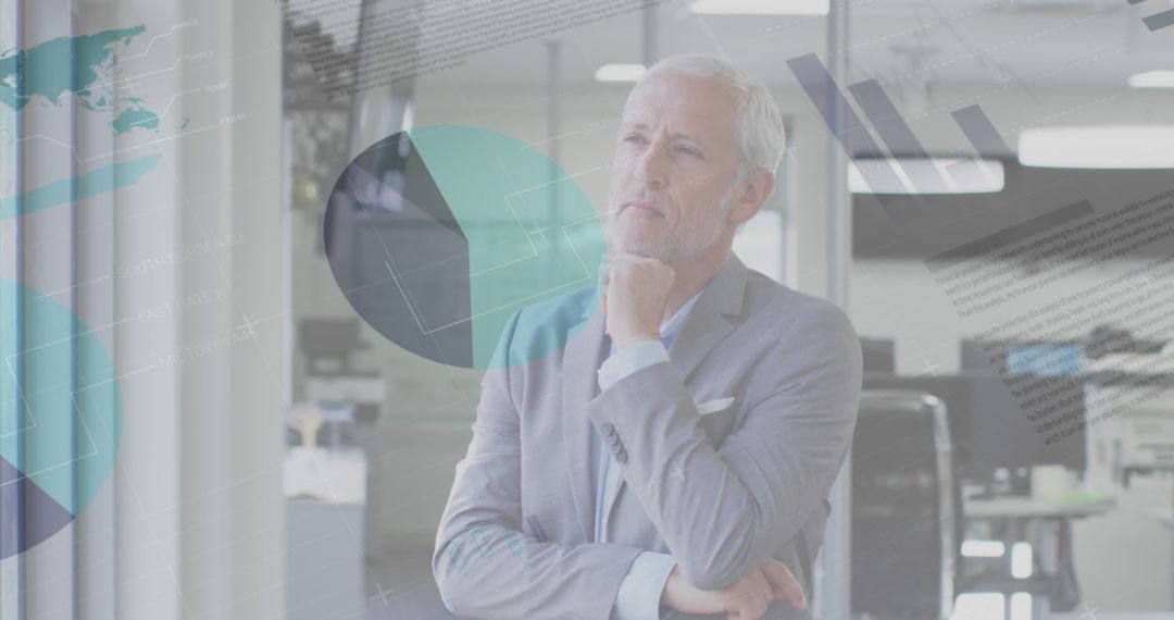 Senior Businessman Thinking with Data Analytics Overlays