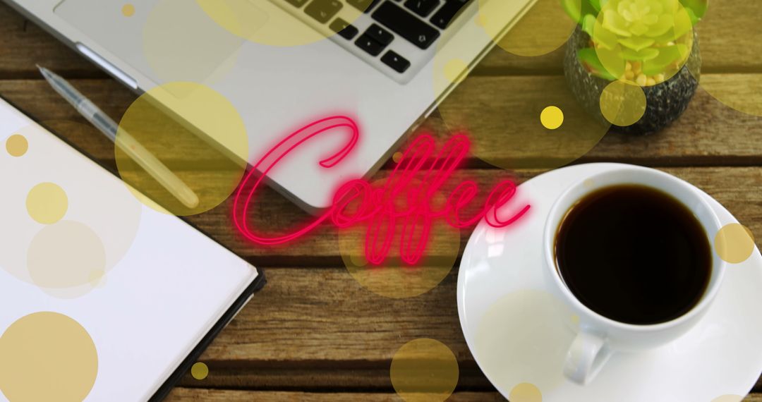 Workspace with Coffee Cup and Writing Notepad on Wooden Table