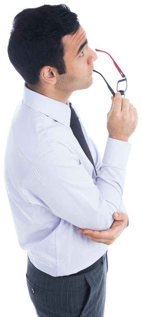 Transparent-Background Asian Businessman Contemplating with Glasses
