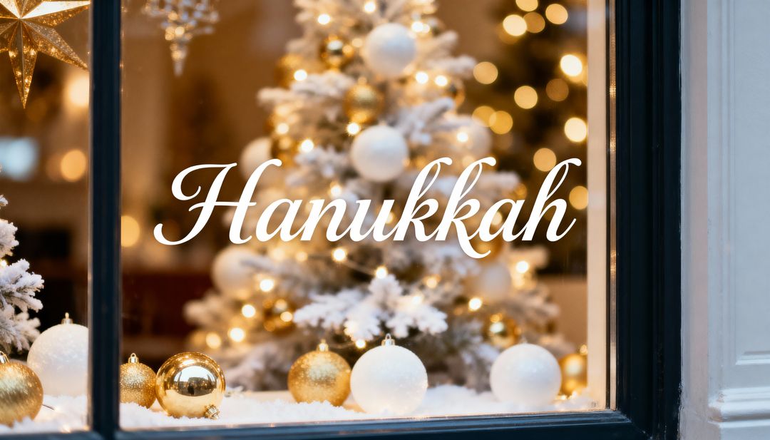 Hanukkah Window Display Featuring Flocked Evergreen with Gold and White Ornaments