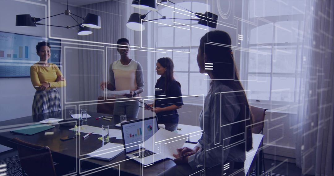 Diverse Team Collaborating in Futuristic Business Meeting Room