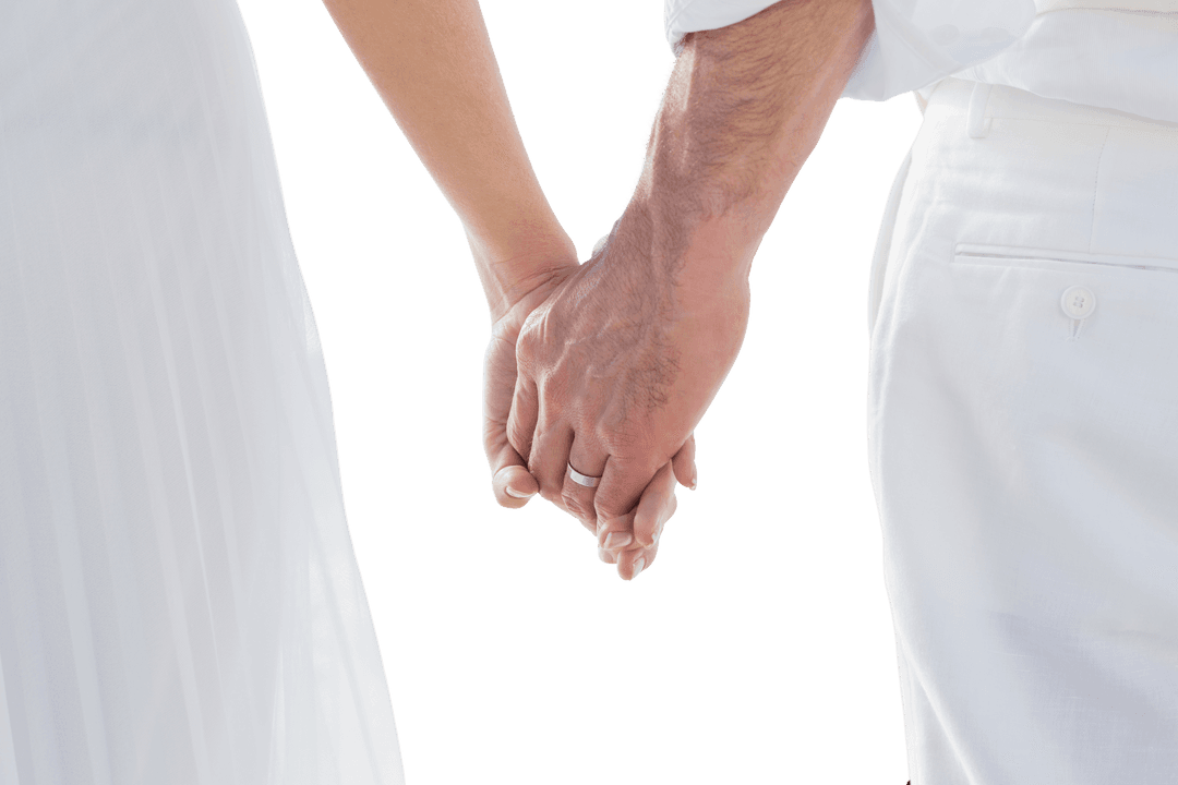Bride and Groom Holding Hands on Beach Close Up Transparent Background