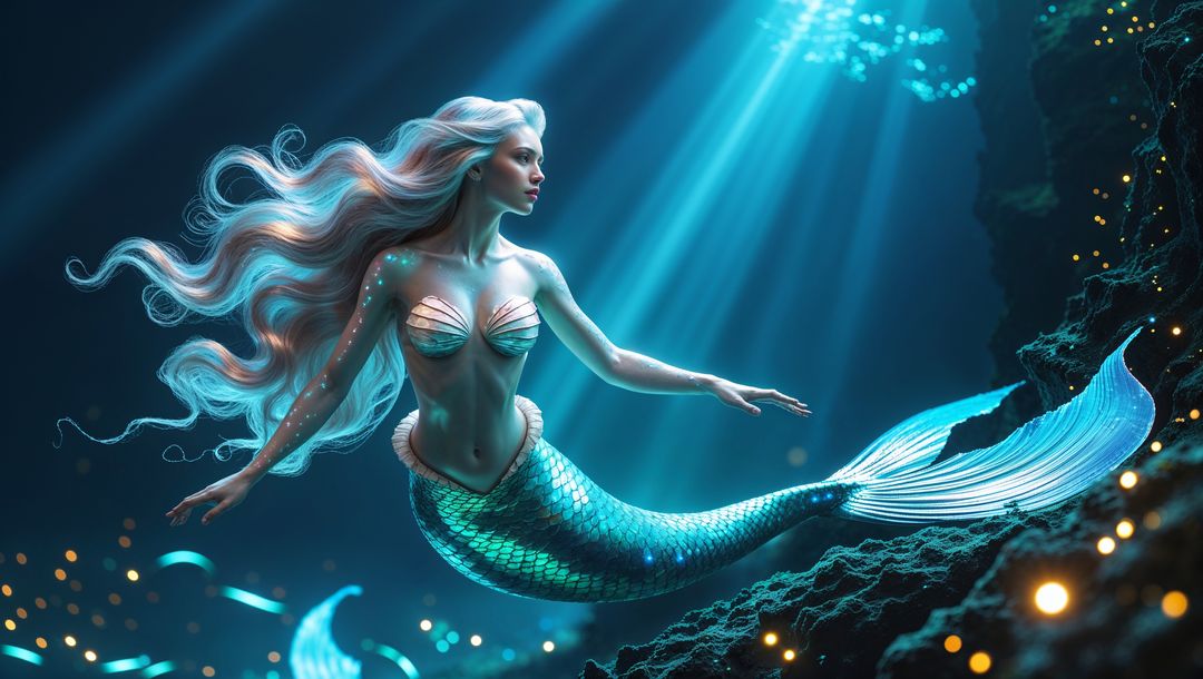 Enchanting Mermaid with Iridescent Tail Swimming in Mystical Seascape