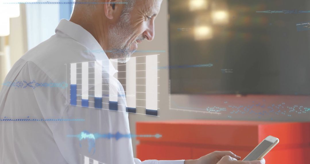 Caucasian Businessman Interacting with Smartphone and Financial Data Overlay