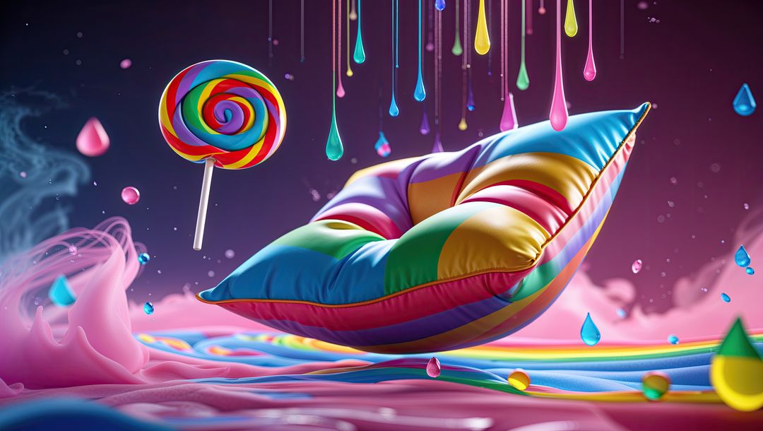Whimsical Floating Rainbow Cushion in Surreal Candy World