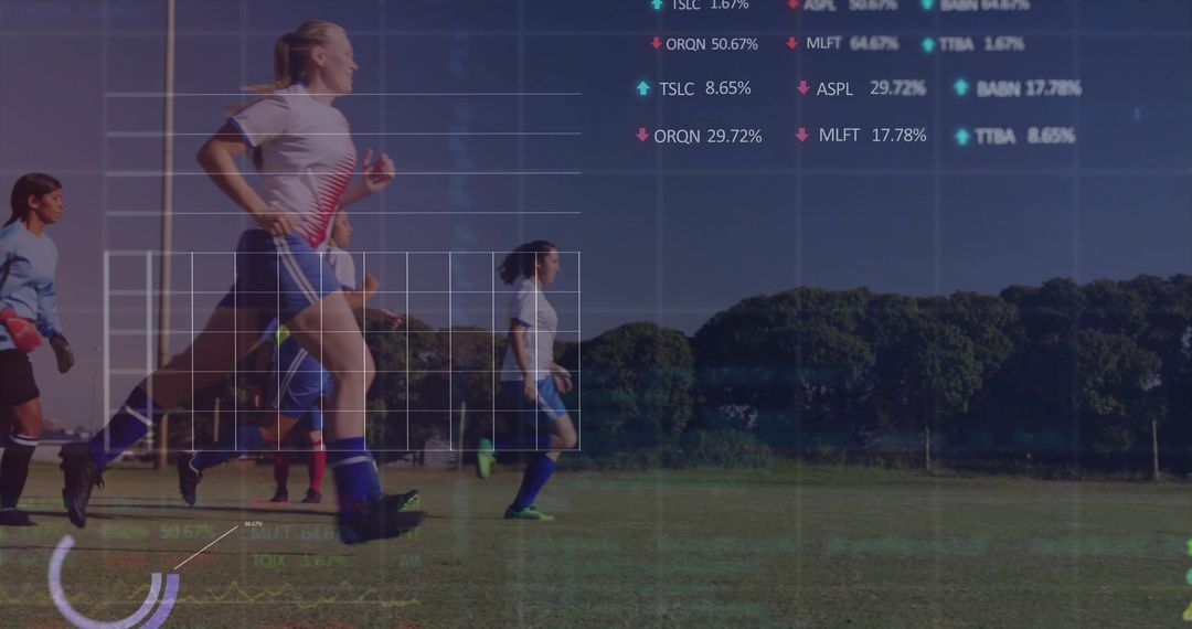 Female Soccer Player Leading in Field with Data Analytics Overlay