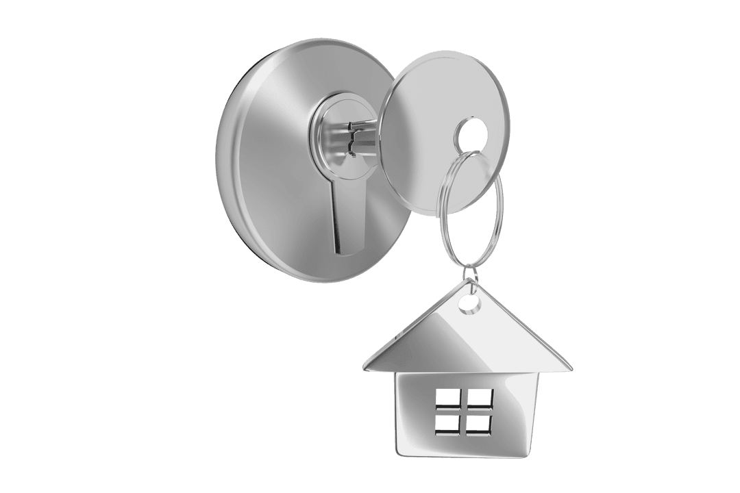 Transparent Silver Key Turning in Lock with House Keychain