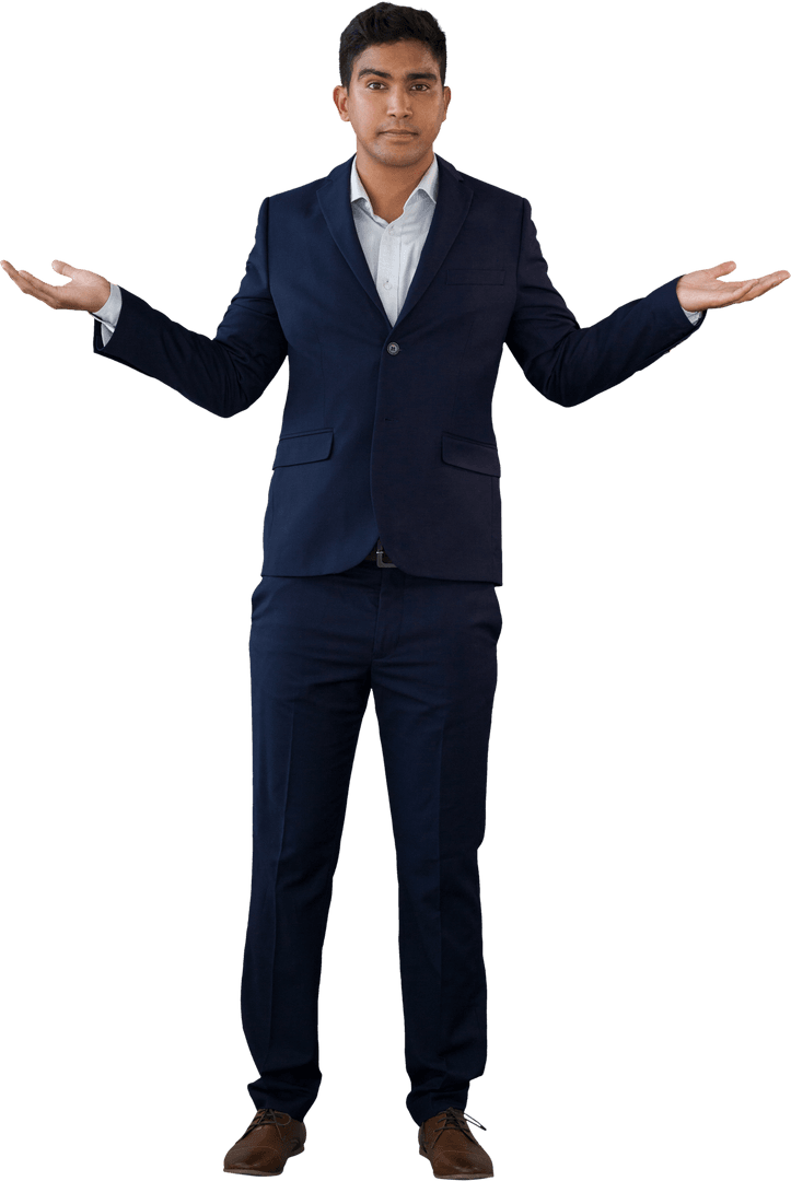 Young Businessman in Suit with Uncertain Gesture on Transparent Background