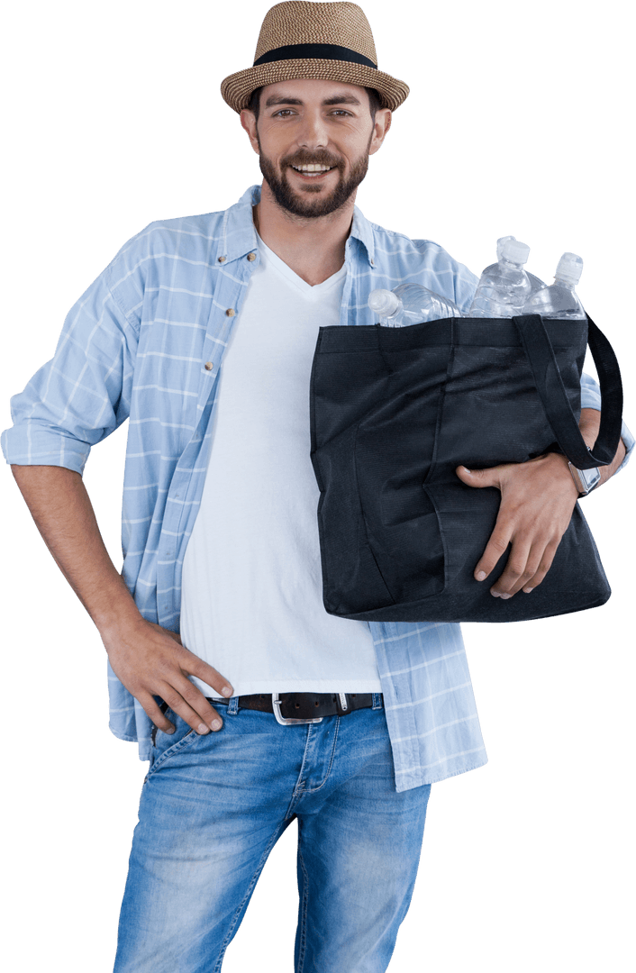 Transparent Image of Man with Hat and Recycled Bottles Bag