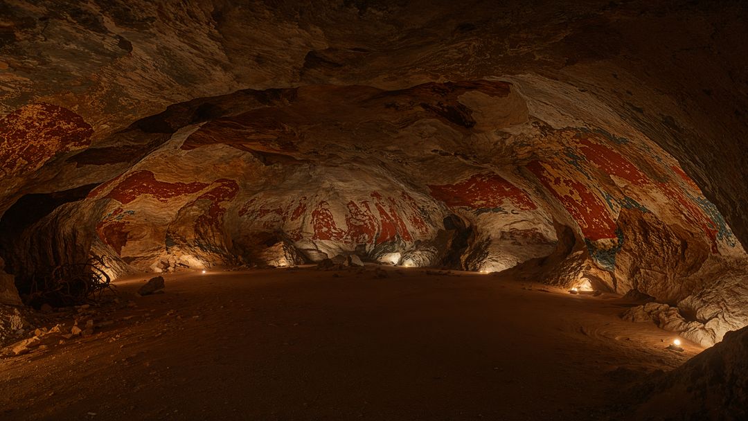 Mystical caveman cave with ancient rock art and soft lamplight