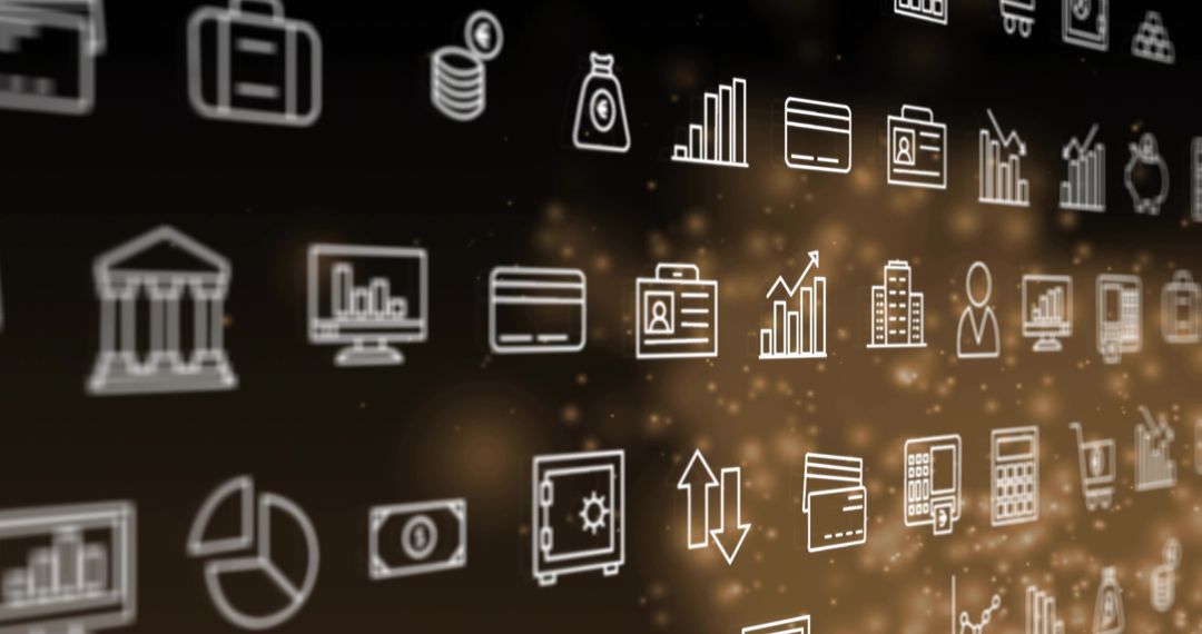 Finance Icon Matrix Drifting Over Gold Gradient for Fintech Banking, Payments, Analytics