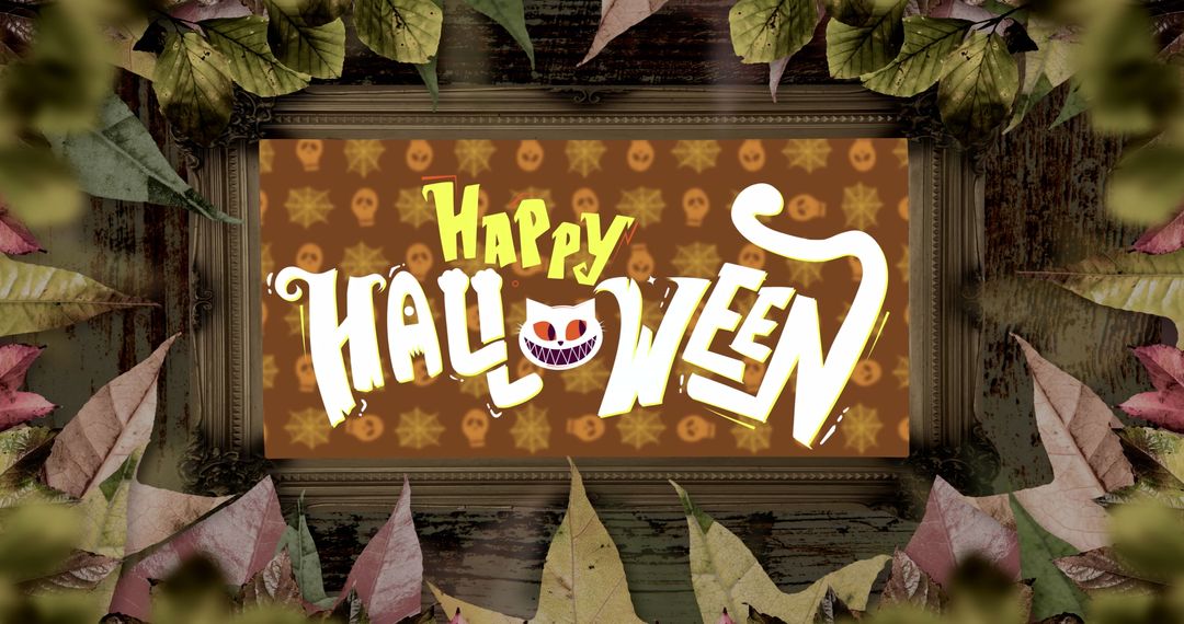 Festive Happy Halloween Sign Surrounded by Autumn Leaves