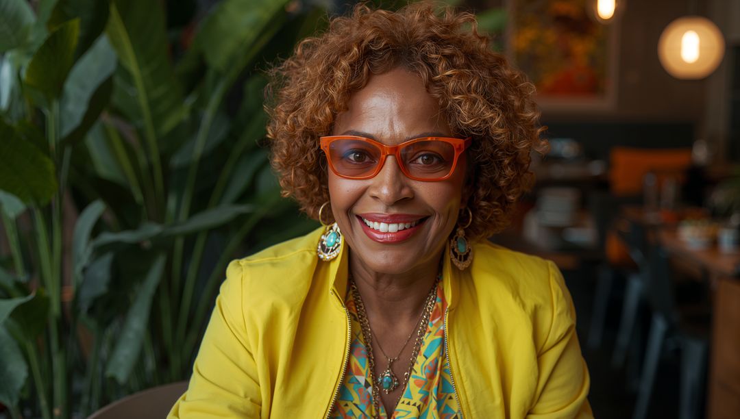 Smiling Senior Woman with Vibrant Style in Cozy Cafe Setting