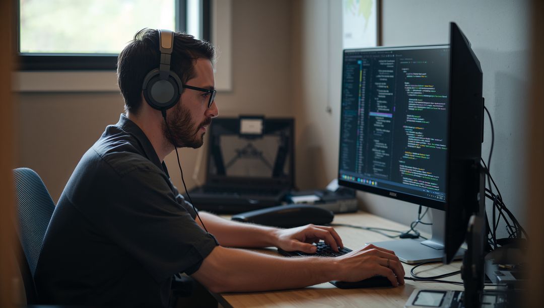 Male Software Developer Typing Code at Modern Workspace