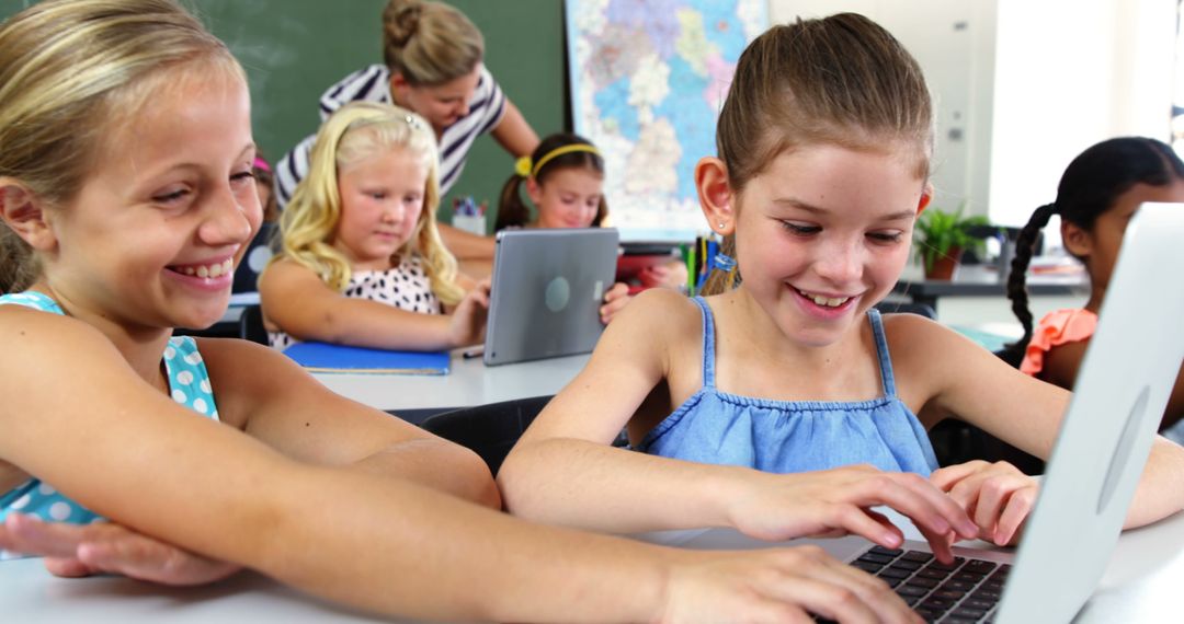 Cheerful Students Learning with Teacher in Classroom