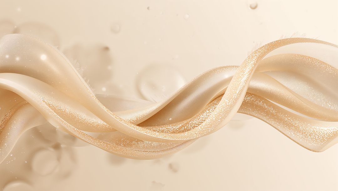 Champagne Satin Ribbon Flowing with Glittering Shimmer over Soft Beige Backdrop