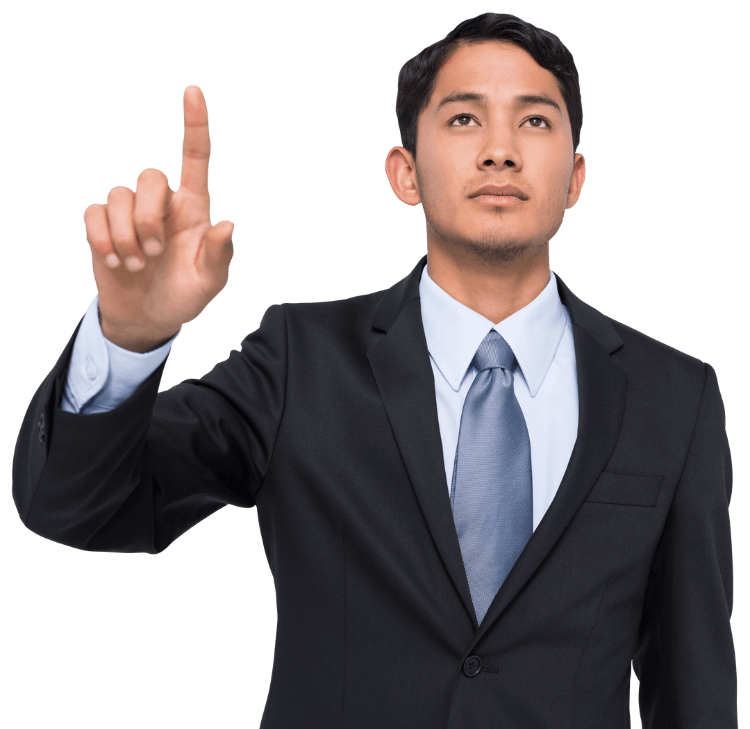 Focused Asian Businessman Pointing with Determination on Transparent Background
