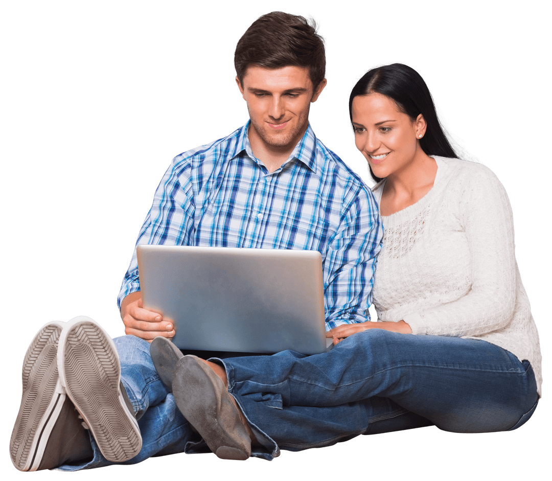 Couple Using Laptop in Casual Setting on Transparent Background