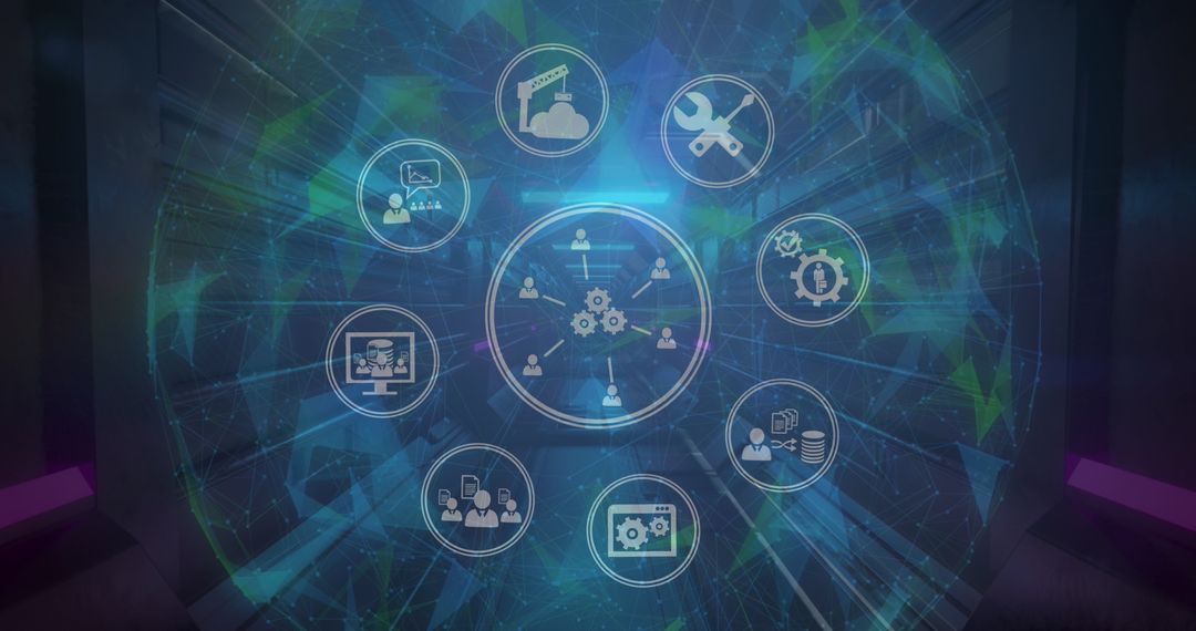 Global Connections with Technology Icons Overlaying Globe