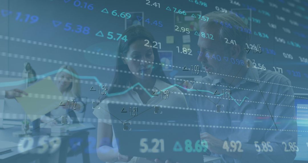 Stock Market Analysis Team Collaborating with Financial Data Display