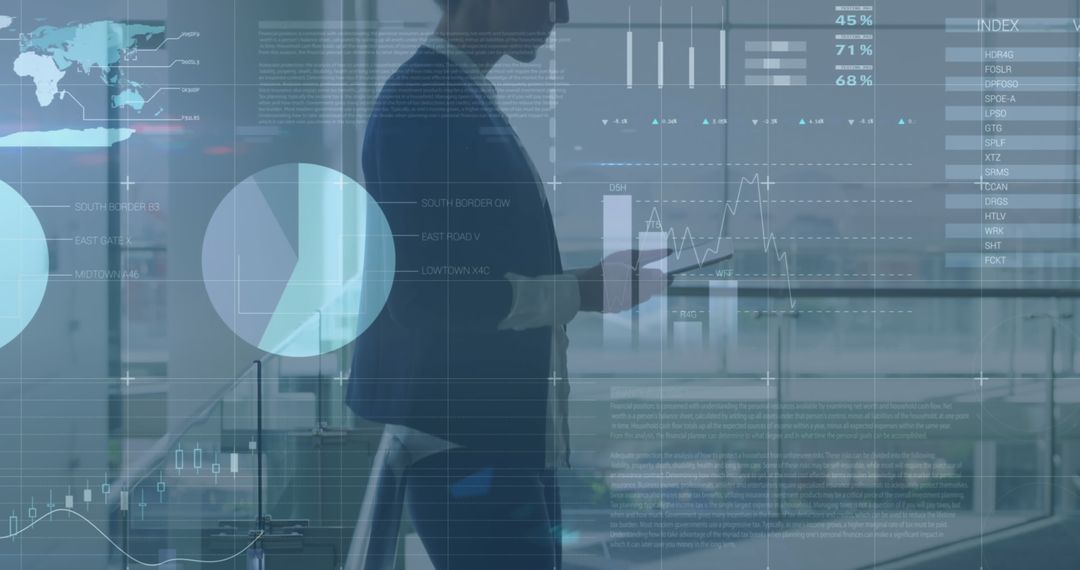 Businesswoman Analyzing Data with Transparent Financial Graph Interface