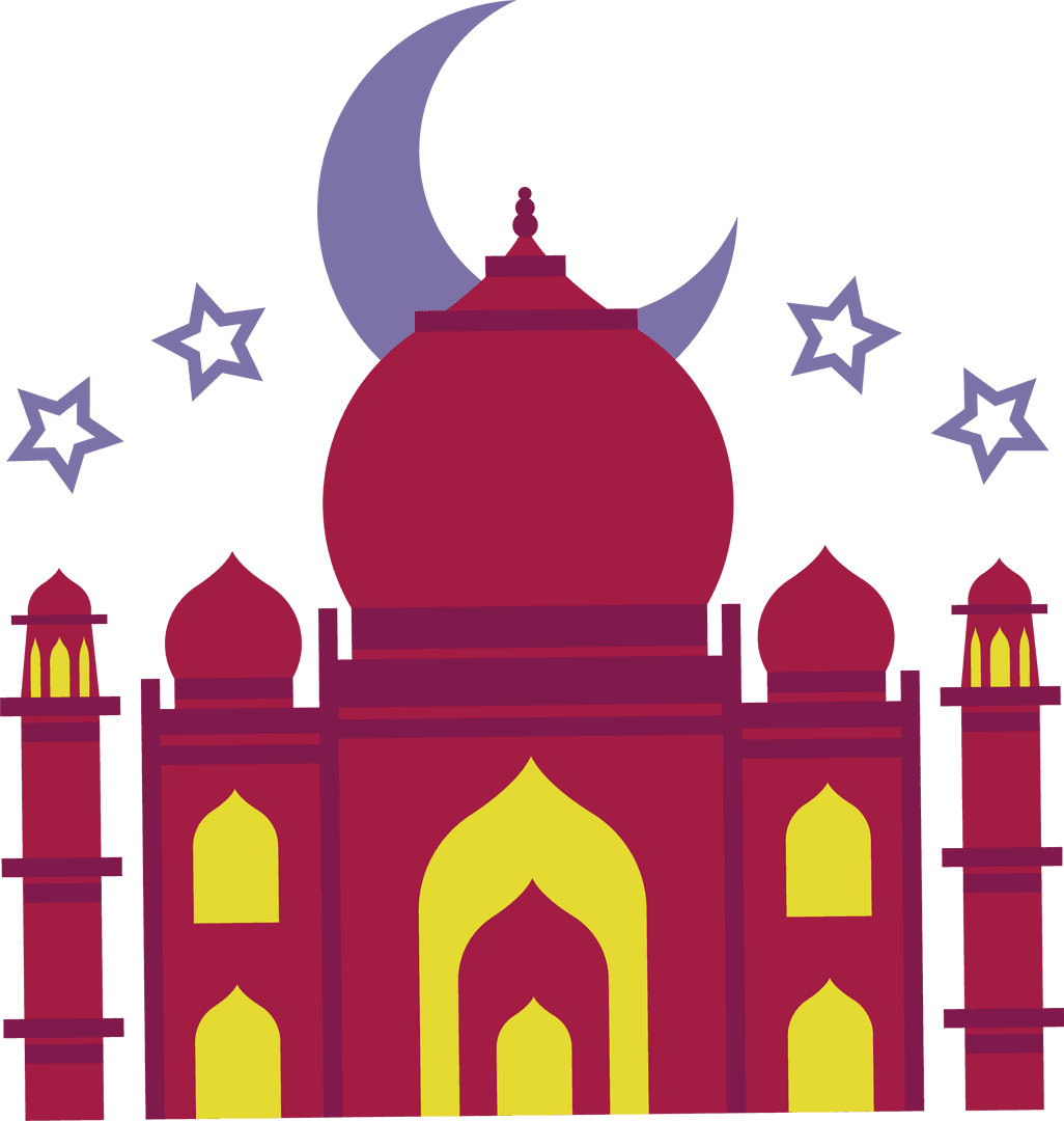 Transparent Vector of Mosque under Crescent Moon and Stars