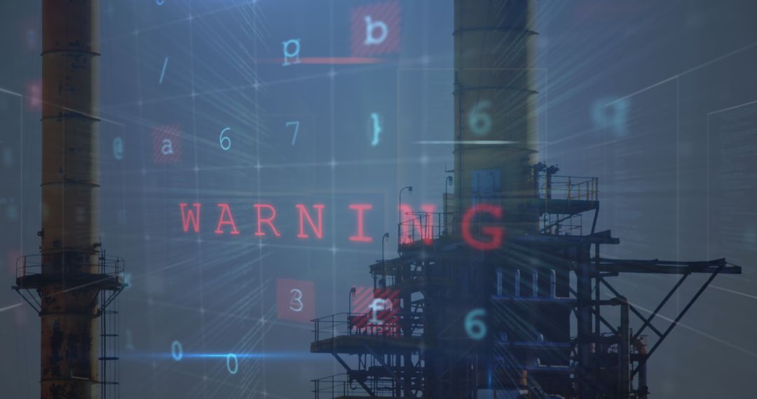 Digital Warning Overlaid on Industrial Towers Symbolizing Cyber Threat