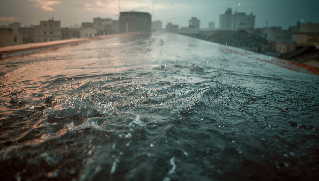 Rainwater ripples on rooftop with urban city skyline in distance