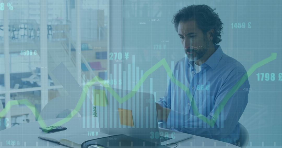 Businessman Analyzing Financial Data on Laptop with Overlay Charts