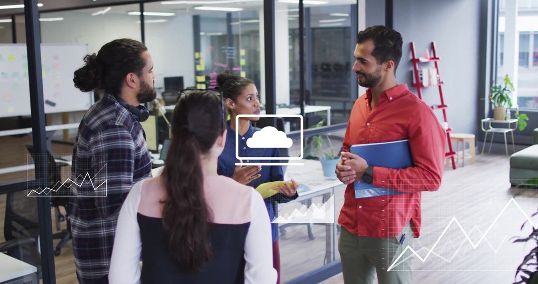 Diverse Team Engaging in Modern Office Meeting with Digital Interfaces