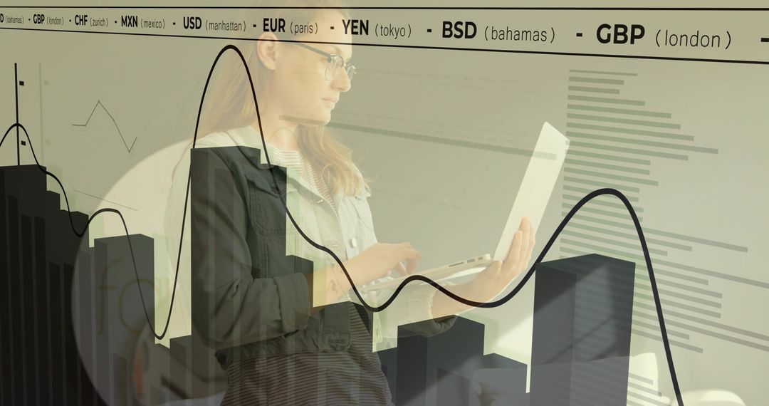 Female executive analyzing finance data dashboard with 3D charts and currency ticker