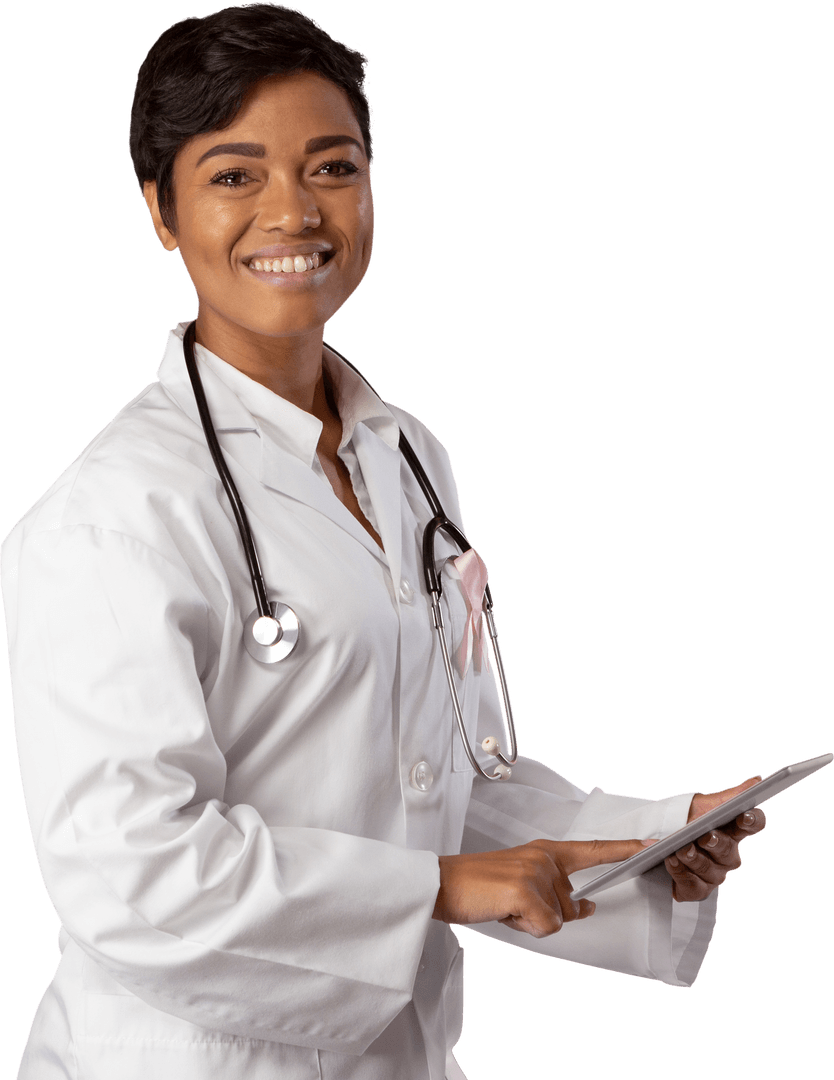 Smiling Female Doctor with Tablet on Transparent Background