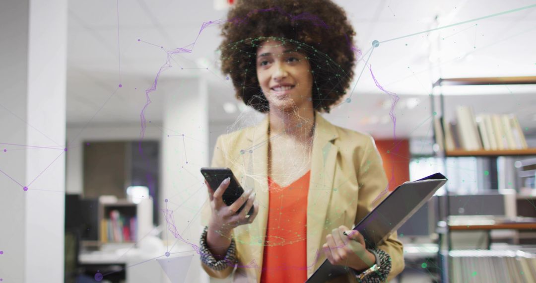 Woman in Office Holding Technology with Network Overlay Representing Innovation