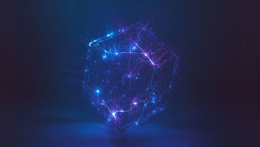 Futuristic Wireframe Polyhedron with Pulsing Neon Networks