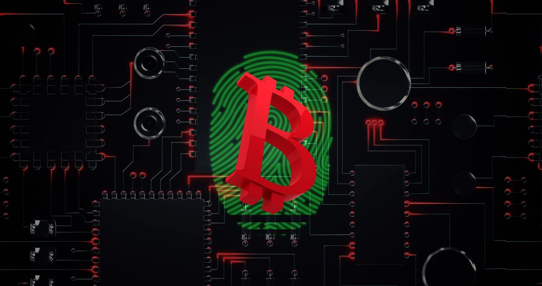 Red Bitcoin Symbol on Circuit Board with Digital Fingerprint