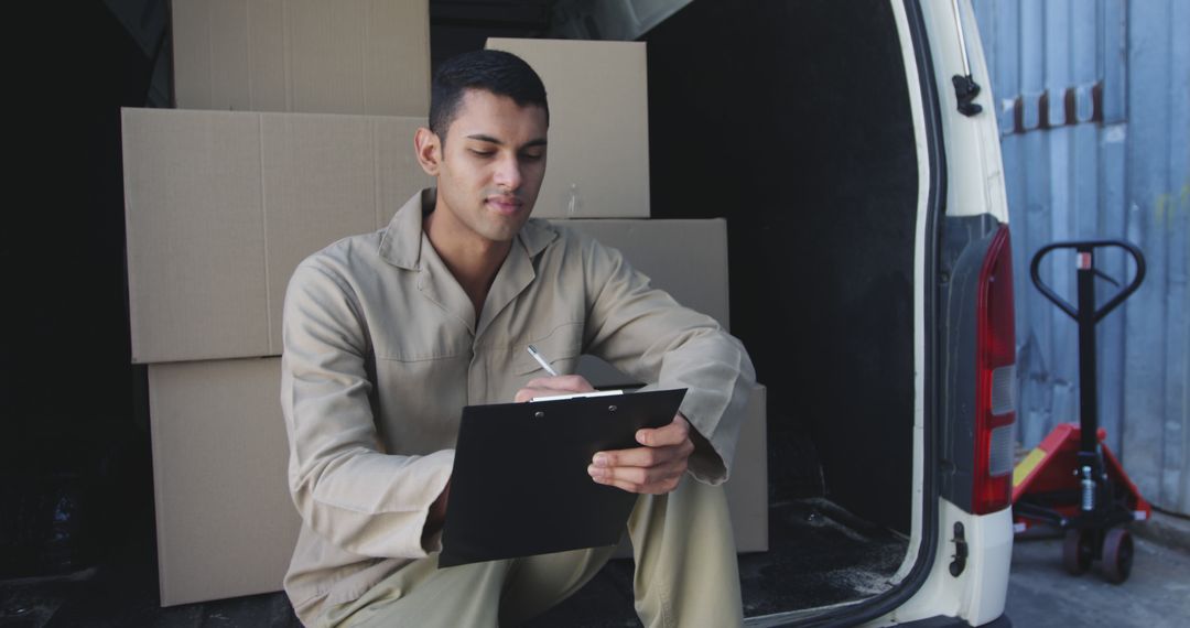 Logistics Worker Checking Inventory on Clipboard in Delivery Van - Free Images, Stock Photos and Pictures on Pikwizard.com