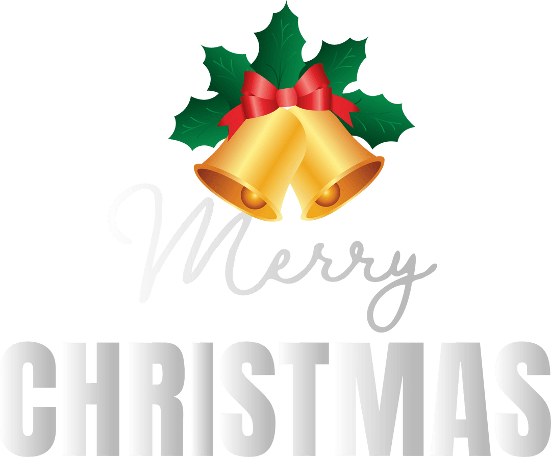 Golden Bells with Holly Merry Christmas on Transparent Background