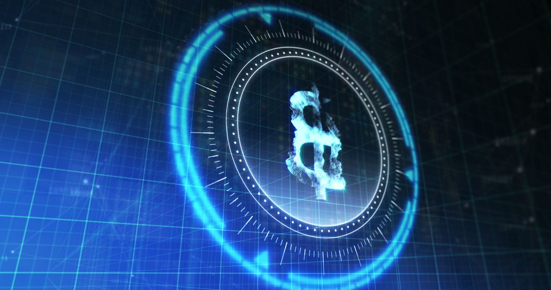 Rotating Bitcoin Symbol in Digital Blue Space