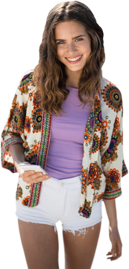 Smiling Woman Using Mobile Phone in Casual Outfit Transparent Background