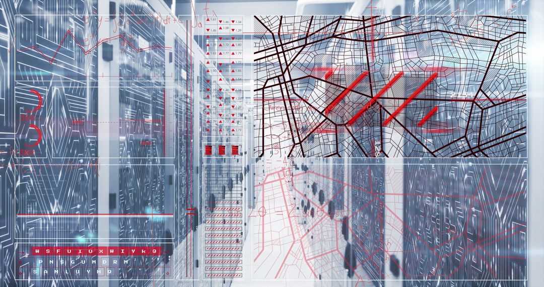 Futuristic Data Center with Digital Map Overlay in Server Corridor