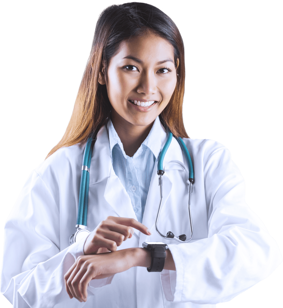Smiling Asian Doctor Using Smart Watch on Isolated White Background