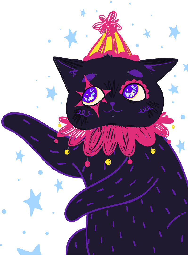 Whimsical Party Cat in Flat Design Against Starry Transparent Background